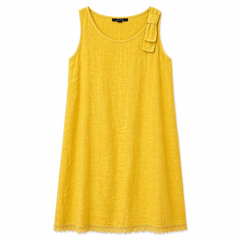 Charlie B 100% Linen Yellow Sleeveless Dress Medium Boho Summer